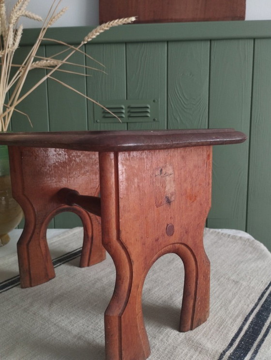 Image 1 of Small antique stool, Le Printemps wooden footrest, vintage plant holder.