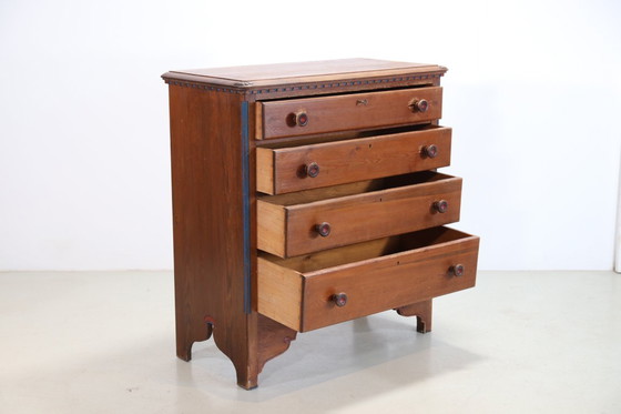 Image 1 of Antique Vintage pine chest of drawers with painted details from the 19th century