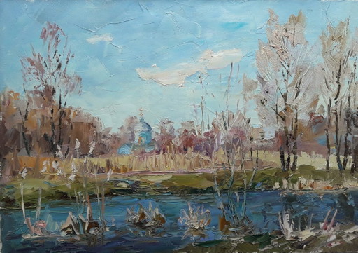 Origineel Olieverfschilderij Plattelandskerk Rivier Yezuch