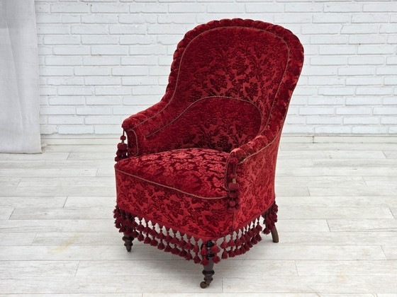 Image 1 of Fauteuil danois à haut dossier, années 1950, revêtement en velours, pieds en bois de hêtre.