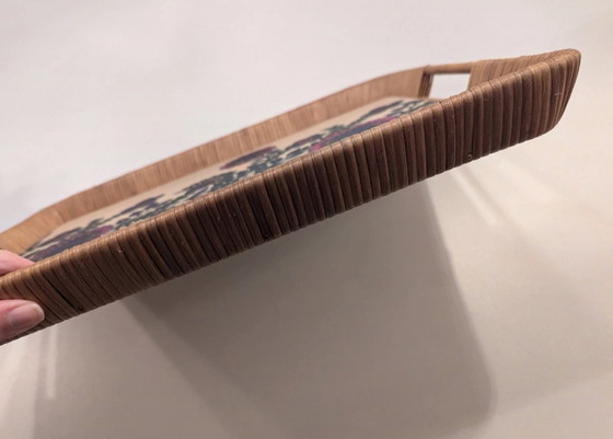 Image 1 of Plateau vintage 70s fleurs en rotin