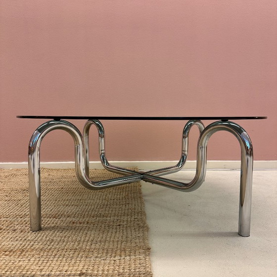 Image 1 of Curved tubular chrome coffee table with round glass top