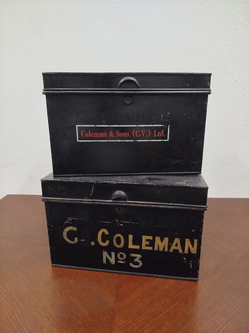 Beautiful set of antique British industrial document boxes / deed boxes – decoratieve objecten, Metal
