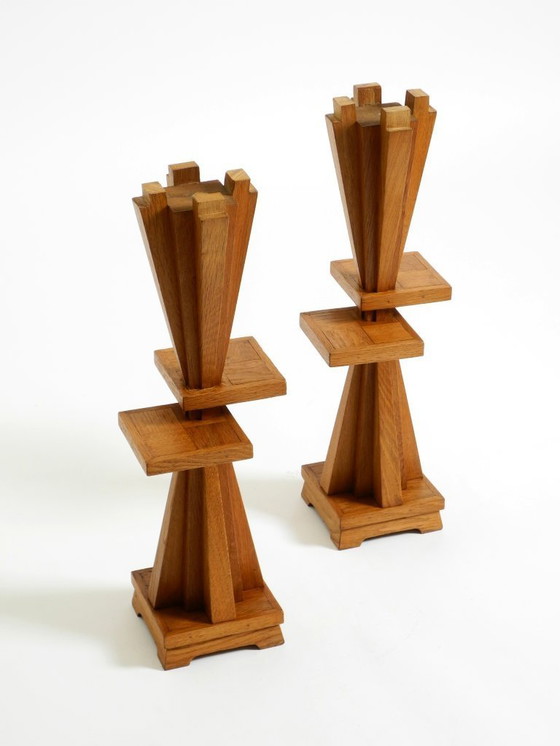 Image 1 of Two Unique Mid-Century Standing Ashtrays Consisting of Red Alabaster Cup with Beautiful Wooden Stand with Shelves