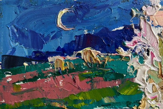 Image 1 of Original Oil Painting Spring Night Landscape Wild pear near the river