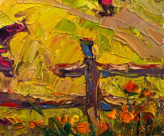 Image 1 of Original Oil Painting Summer Village Landscape The tenderness of dawn