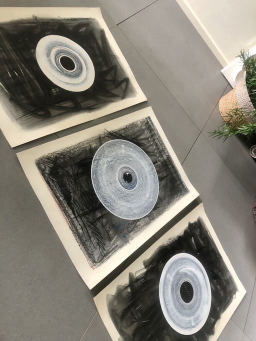 Series Of 3 Vintage Artworks 'Circles' by Marek Janicki