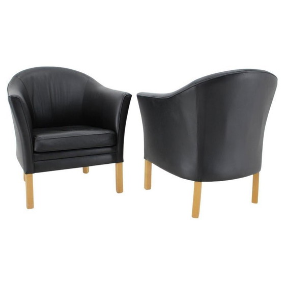 Image 1 of Coppia di poltrone "Queen Chairs" Mogens Hansen MH80 degli anni '70 in pelle nera e rovere.