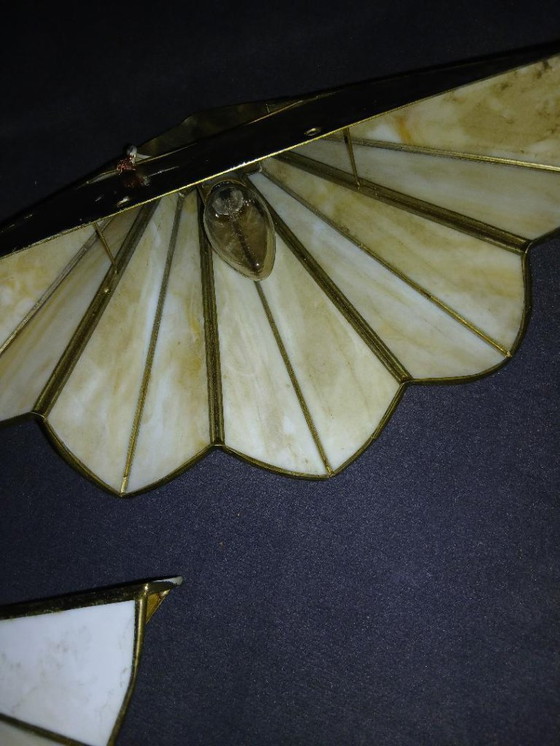 Image 1 of 2 TIFFANY-STYLE ART DECO FAN-SHAPED WALL LIGHTS IN VINTAGE GLASS PASTE