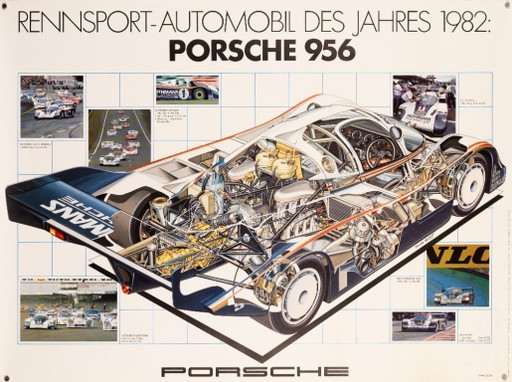 Porsche 956 vue en coupe – 1982 – Affiche Porsche vintage originale de Bruno Betti – Design industriel – 76 x 102 cm