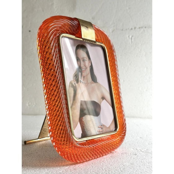 Image 1 of Mid-Century Modern Style Amber“Torchon” Murano Glass Picture Frame and Unaquered Brass in Barovier Style.