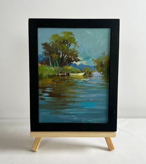 Original Oil Painting Summer River Landscape Boat ride on the river