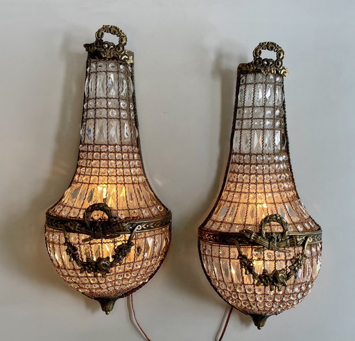 Pair of 2 XL wall lights French Louis XVI style cristal baskets 