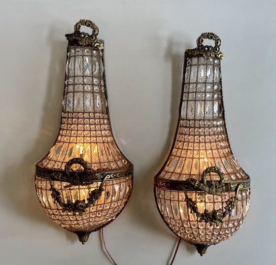 Image 1 of Pair of 2 XL wall lights French Louis XVI style cristal baskets 