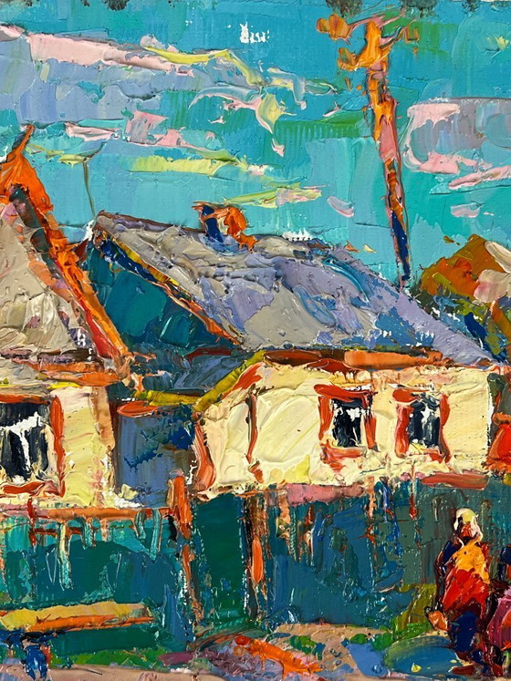 Image 1 of Original Oil Painting Rural Landscape Village A Walk along the Morning Street