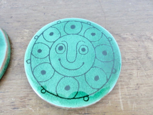Series of 6 green crackled ceramic coasters, 60's 70's
