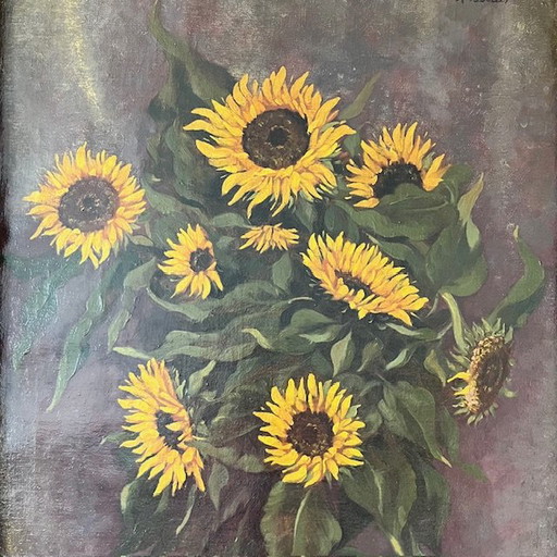 Antique XL painting sunflowers oil painting M. Bertels 1920's