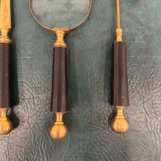 Set da scrivania classico inglese in ottone – Accessori da tavola, Vetro, Pelle (photo 7 of 10)