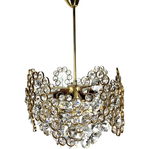 Lustre vintage en laiton doré et verre de cristal par Palwa, 1970