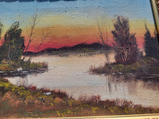Dipinto a olio vintage, paesaggio al tramonto, cornice dorata ornata. – Stampe artistiche, Tela (photo 4 of 5)