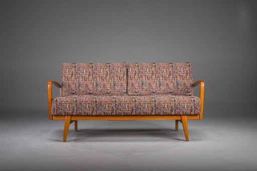 Diván vintage de madera de cerezo y lana de Knoll Antimott, años 50-60