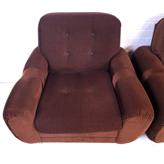 2x Vintage Relax Fauteuil Bruin Corduroy Jaren 70 – Textile (photo 4 of 9)