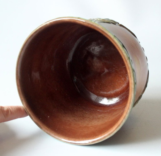 Image 1 of Zeldzaam klein keramisch bloempotje, groen/beige - gemerkt - vintage