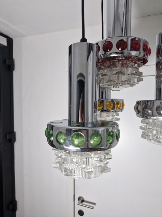 Pendant lamp with four light points, chrome, textured glass and colored accents, Space Age, Ceiling lights (photo 6 of 15)