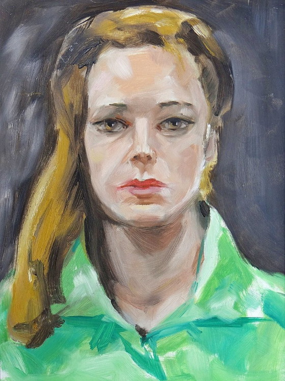 Image 1 of Vintage portrait "The Woman in Green", oil on canvas board, wooden frame