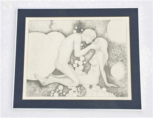 P. de Minter: Schets, 'Esoterische Naakt' jaren 70 ° Vintage ° Naakttekening