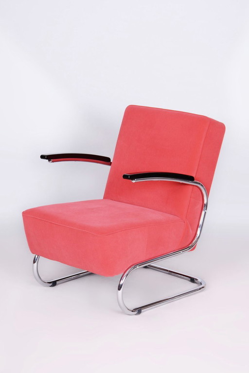 Fauteuil Bauhaus restauré, par W. Gispen, Mücke-Melder, Chrome, Tchèque, années 1930 – Metal, Velvet