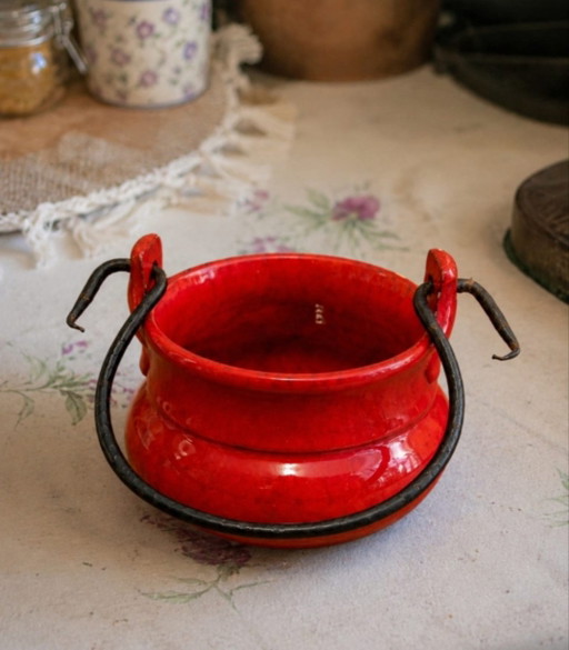 Caldero / Ollita Decorativa Vintage de Cerámica Esmaltada Rojo Fuego