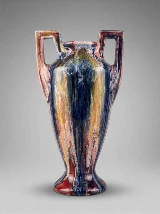 Grote Elgé vaas – Frans kunstkeramiek – Art Deco handgrepen – polychroom geflambeerd glazuur – 32 cm