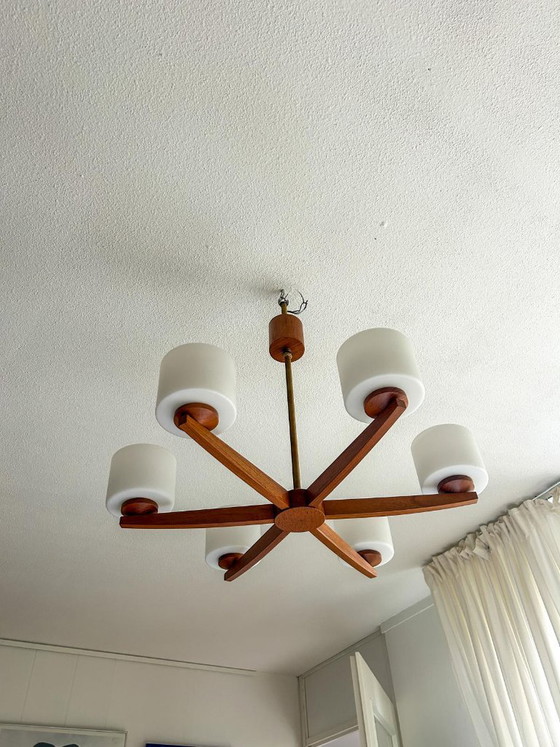 Vintage Mid Century Modern Teak Pendant Lamp Large Teak Frosted Glass – Wood (photo 8 of 14)