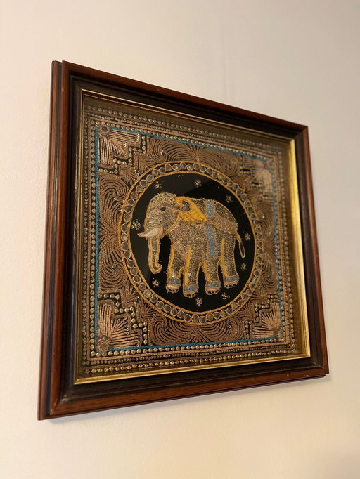 Vintage framed Burmese Kalaga rug elephant