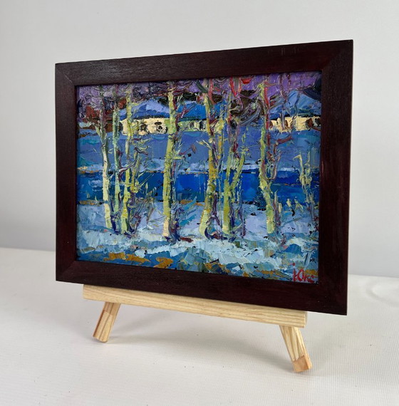 Image 1 of Original Oil Painting Night Village Landscape The first breath of spring