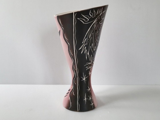 Image 1 of Vintage 1950s Vallauris ceramic vase by François Re, 50s Rockabilly Rooster