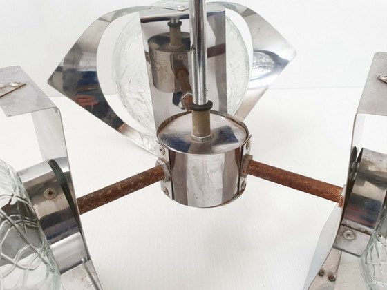 Image 1 of LUSTRE PLAFONNIER SPUTNIK 1970 VINTAGE 3 BOULES VERRE & ACIER CHROME 70S 70'S