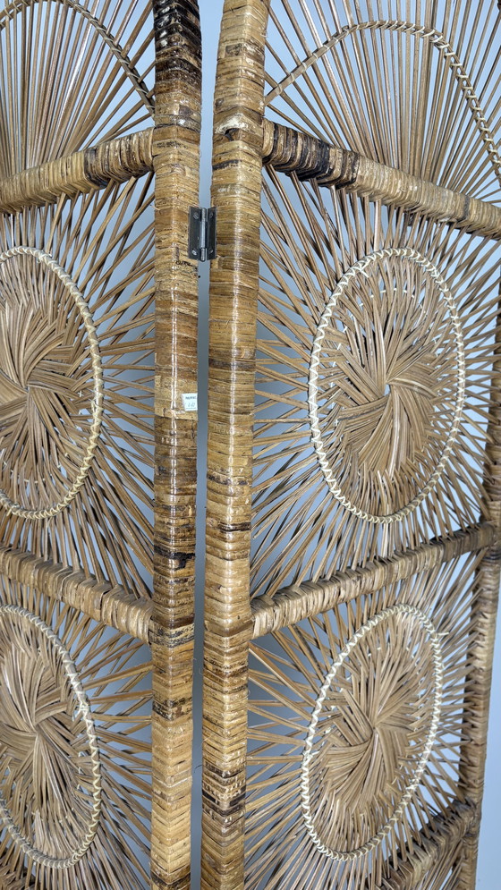 Image 1 of Vintage Sunburst rattan bamboo large folding screen room divider