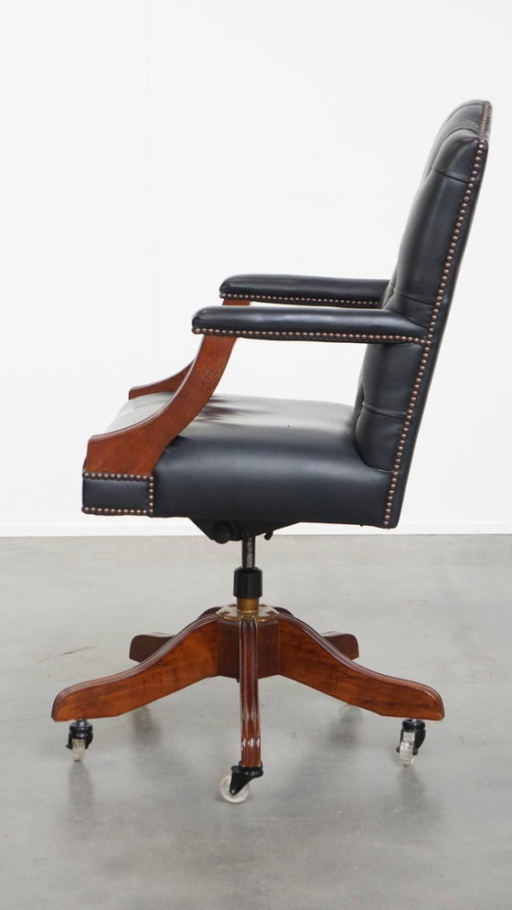 Image 1 of Dark blue/ black cowhide leather chesterfield office chair on wheels