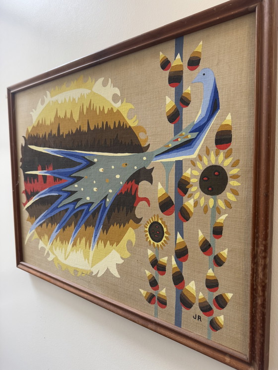 Image 1 of Tableau peinture oiseau bleu années 60