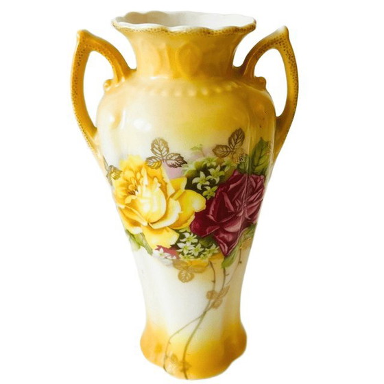 Vintage Art Nouveau Style Small Vase Yellow Pink Gold Flowers 1970s – Ceramic (photo 4 of 9)