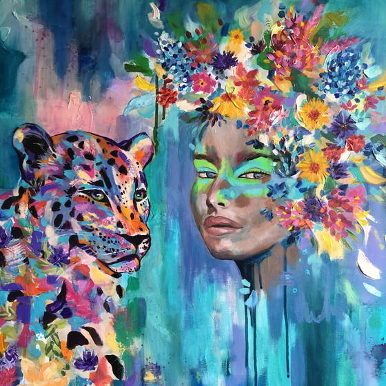 Image 1 of Origineel mixed media schilderij op canvas 80x80 – “Feiticeira” (gesigneerd) – vrouw & panter in kleur