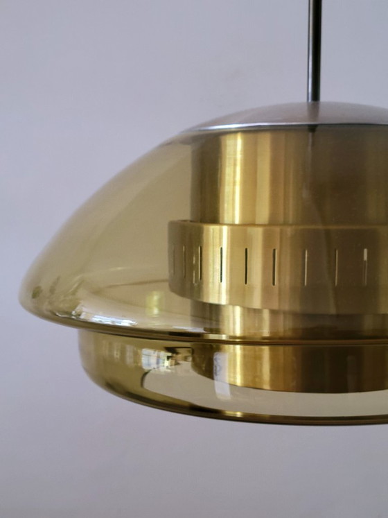Dijkstra Space Age pendant lamp with amber glass, Netherlands 1970, Dijkstra Lampen, Metal, Yellow (photo 10 of 10)
