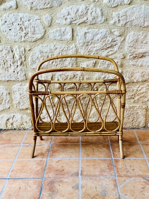 Porte-revues en bambou et rotin, Mid Century, années 1950