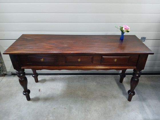 Antique style console table / hall table with brass ring fittings., Wood, Brown (photo 4 of 10)