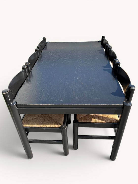 Eettafel met 6 stoelen van Vico Magistretti voor Cassina – Eetkamerset, Rattan, Wood (photo 4 of 9)