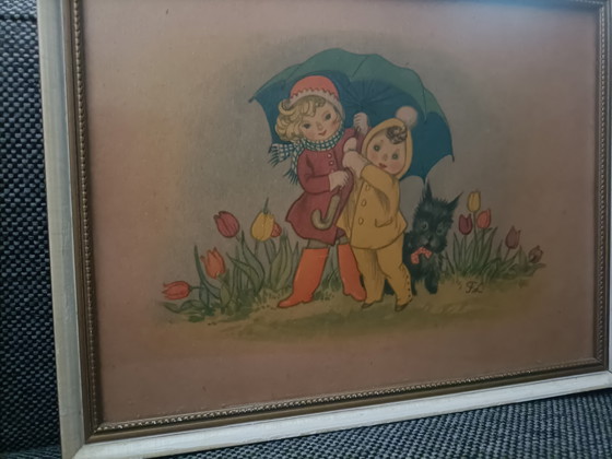 Image 1 of Set of 3 Vintage Children's Prints - 40s-50s - Charming Illustrations in Wooden Frames