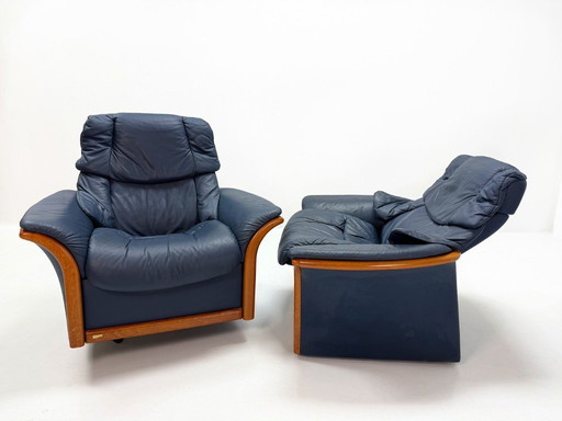 Ekornes Stressless — Set van twee verstelbare draaibare fauteuils — Blauw leer & beukenhout