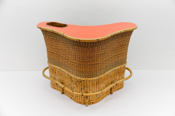 Image 1 of Bamboe bar met 5 bamboe barkrukken, jaren 1950, Italië